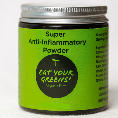 Jar of Green and Gold turmeric ginger and microgreens powder by Eat Your Greens Organic Farm on a white background