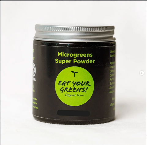 Microgreens Super Powder jar front label by Eat Your Greens Organic Farm Austin Texas