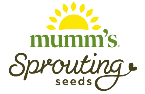 Logo for mumms Sprouting seeds with a sun design above the text on a white background.