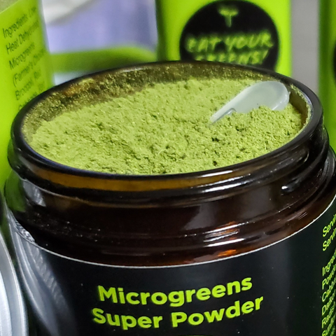 Jar of Microgreens Super Powder by Eat Your Greens Organic Farm in Austin Texas