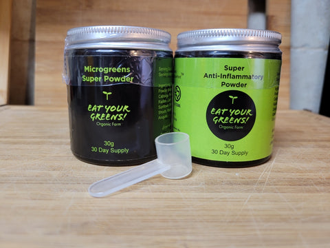 Powder gift set of Microgreens Super Powder and Green and Gold Powder by Eat Your Greens Organic Farm in Austin Texas